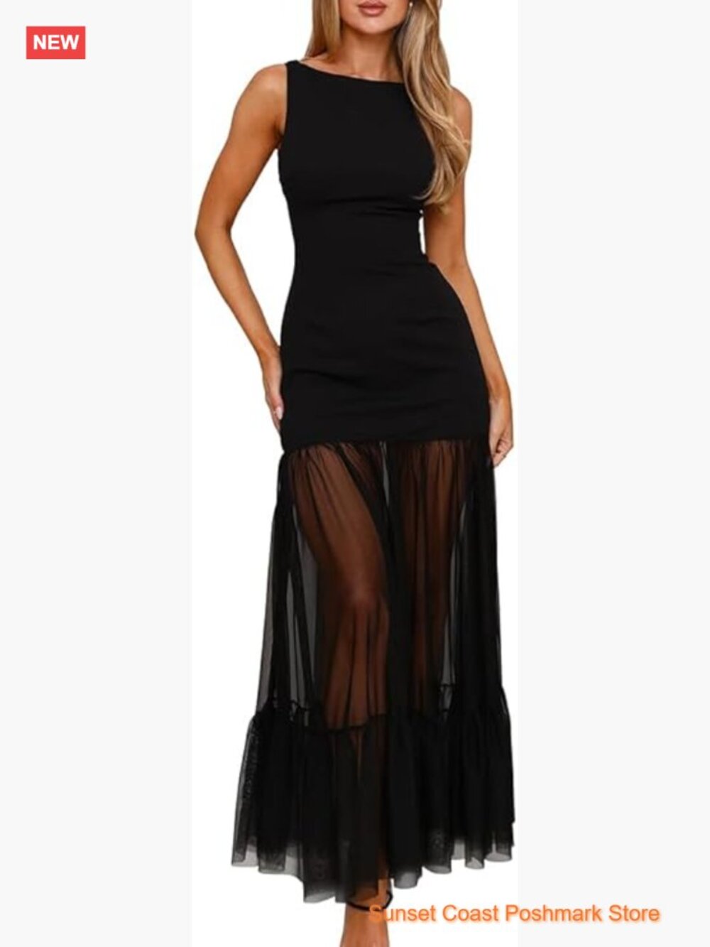 Women's Elegant Crew Neck Backless Maxi Dress Sleeveless Back Tie Mesh Evening